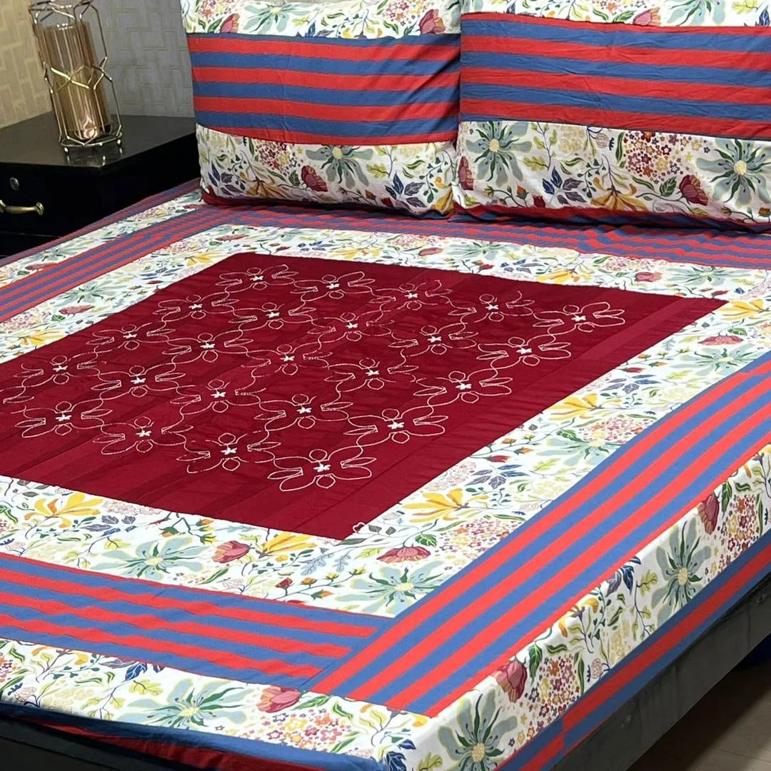 3 Pcs Cotton Printed Double Bedsheet
