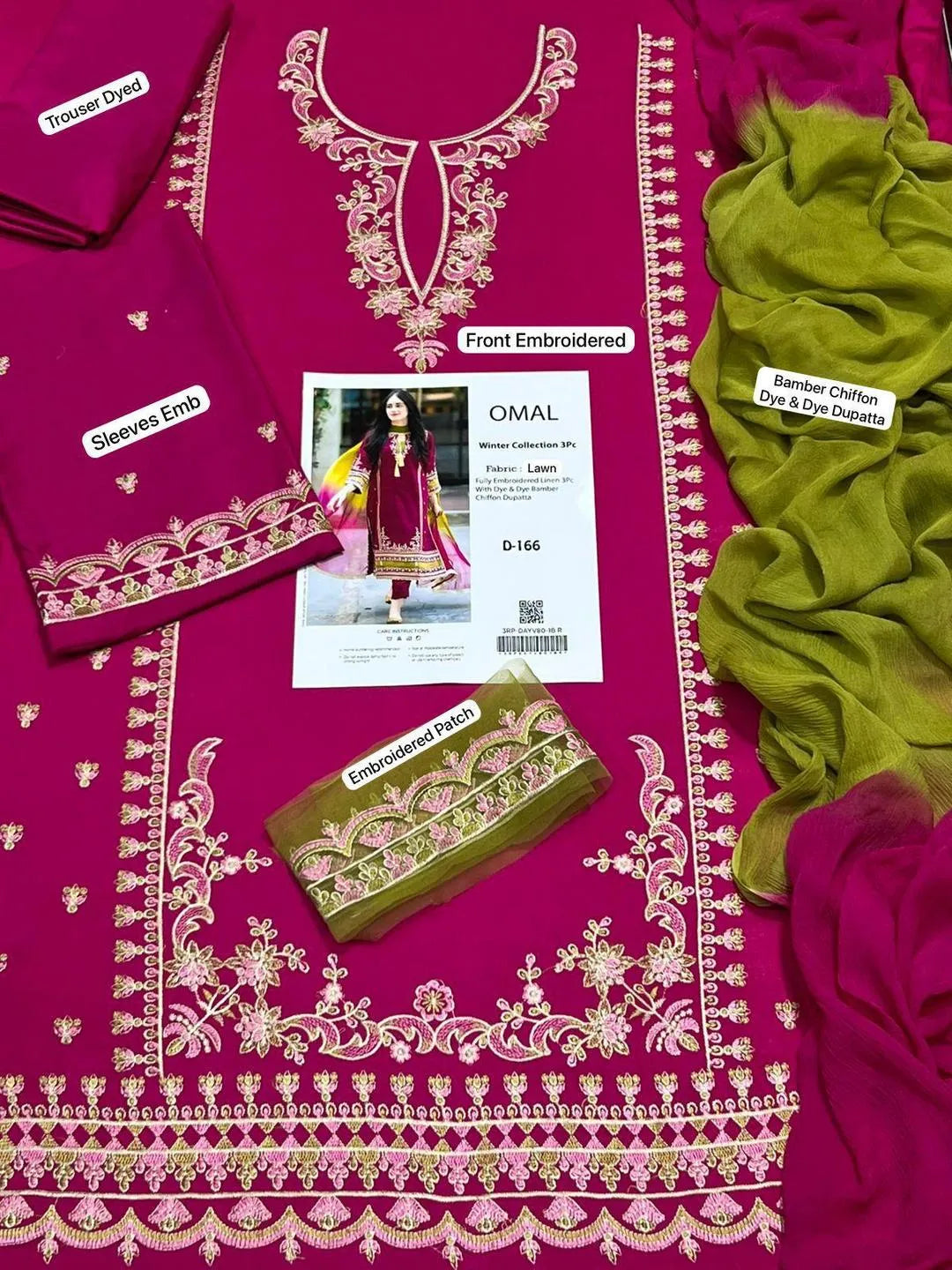 Pink Embroidered Lawn 3Pcs Women Suit with Dupatta