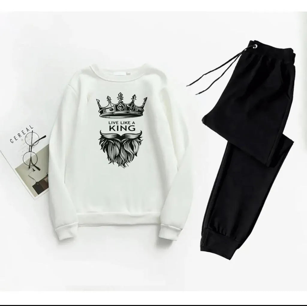 Men Printed King Sweatshirt Track Suit White Slim Fit