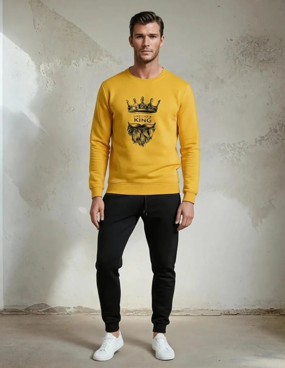 Men Printed King Sweatshirt Track Suit Yellow Black Slim Fit
