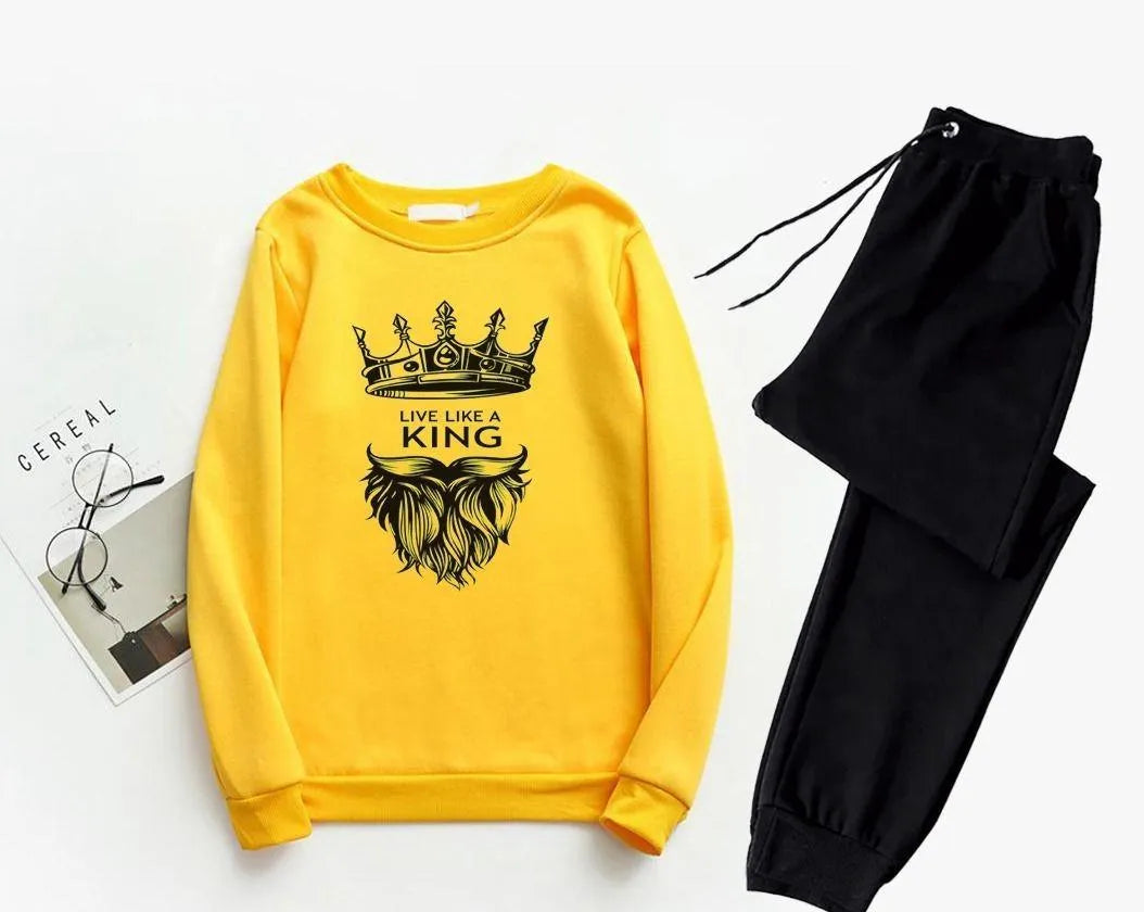 Men Printed King Sweatshirt Track Suit Yellow Black Slim Fit