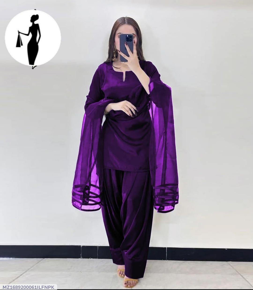 Purple 3Pcs Stitched Farshi Suit with Organza Dupatta