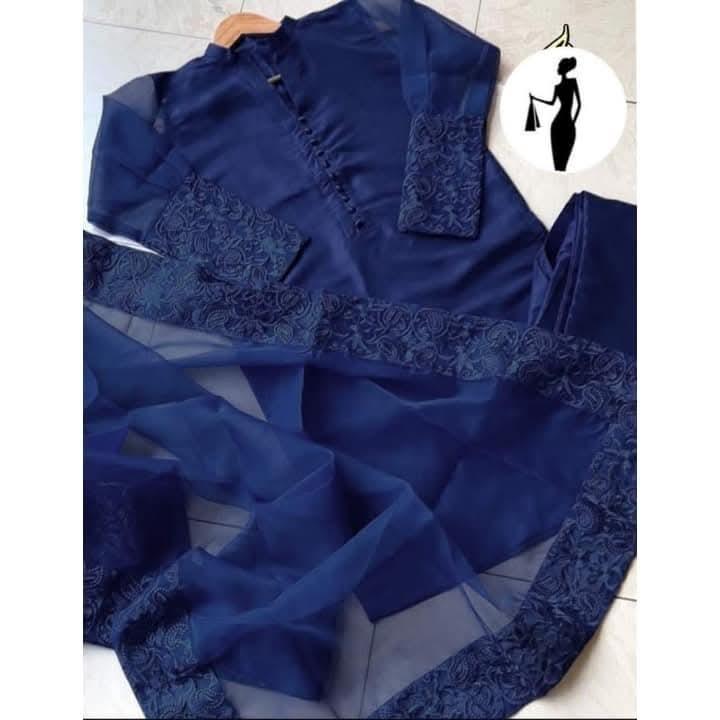 Blue Embroidered 3-Piece Women Suit with Organza Dupatta