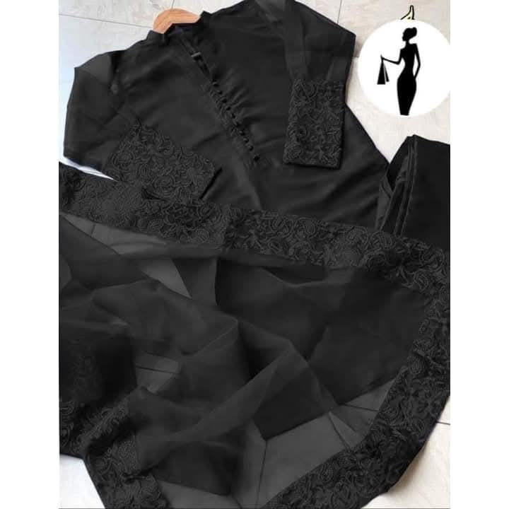 Black Embroidered 3-Piece Suit for Women