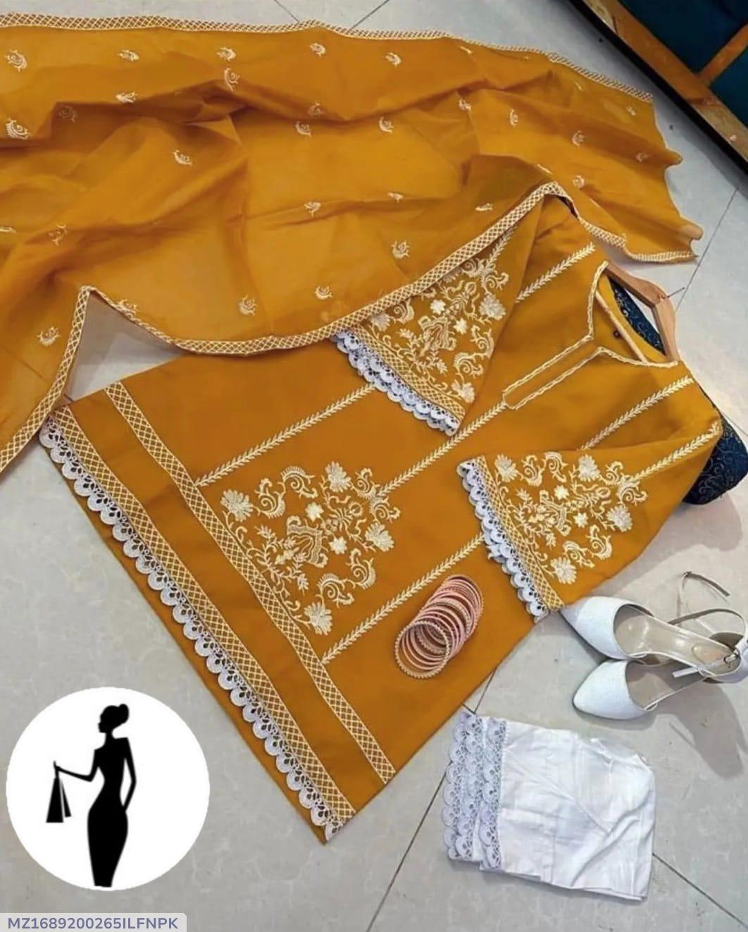 Mustard Organza 3-Piece Women’s Suit with Lace Embroidery
