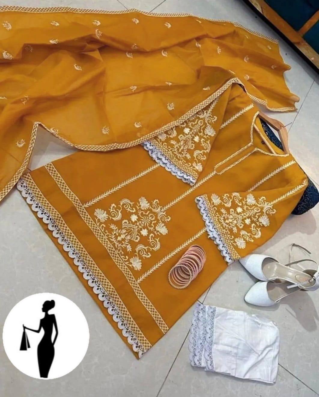 Mustard Organza 3-Piece Women’s Suit with Lace Embroidery