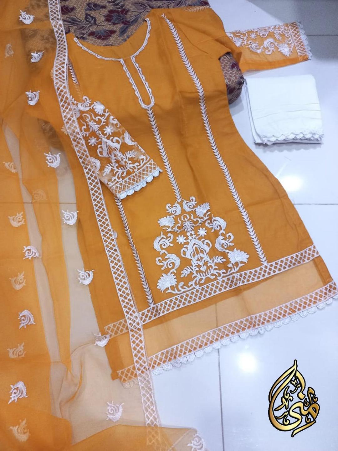 Mustard Organza 3-Piece Women’s Suit with Lace Embroidery
