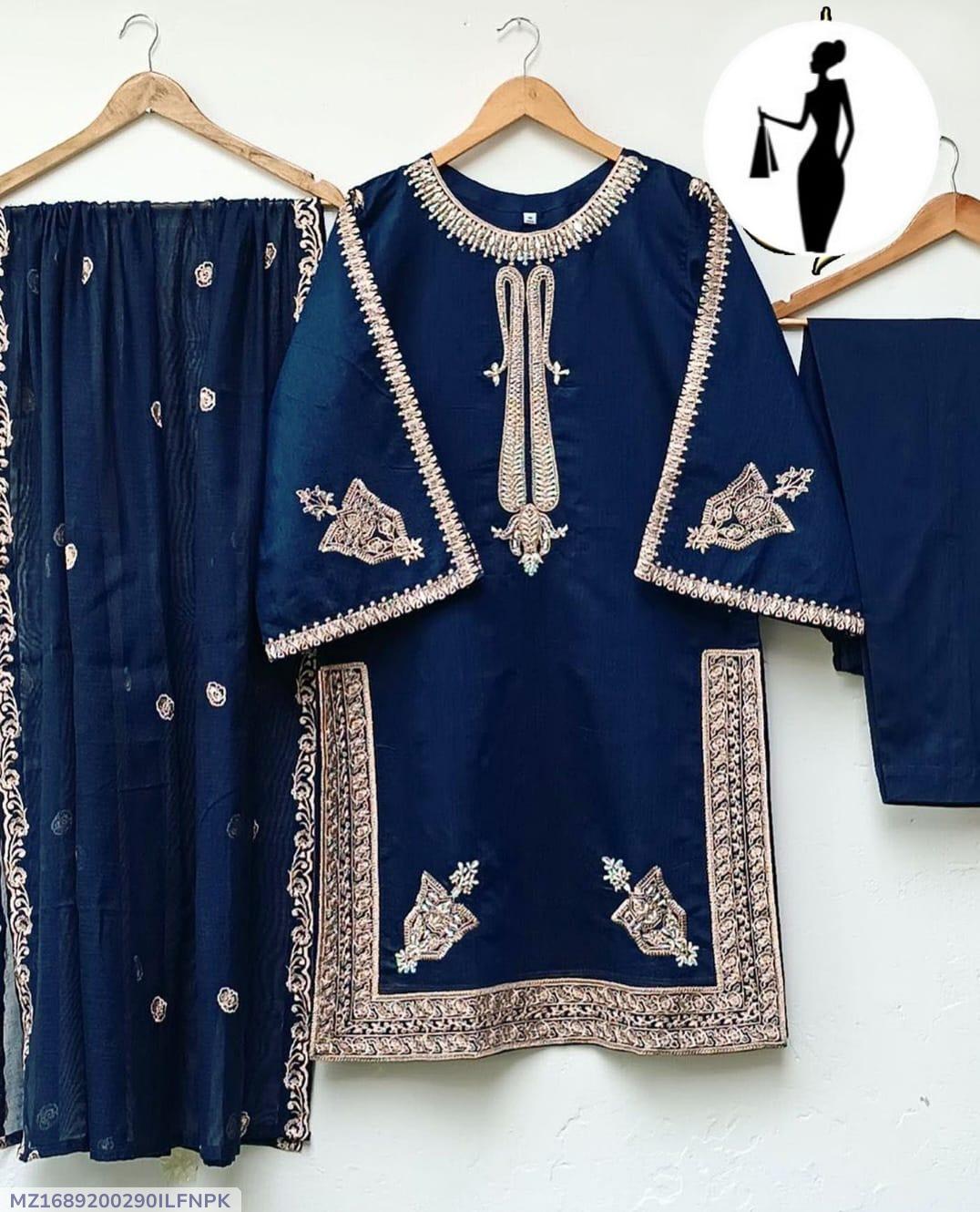 3-Piece Blue Embroidered Shamoz Silk Suit for Women