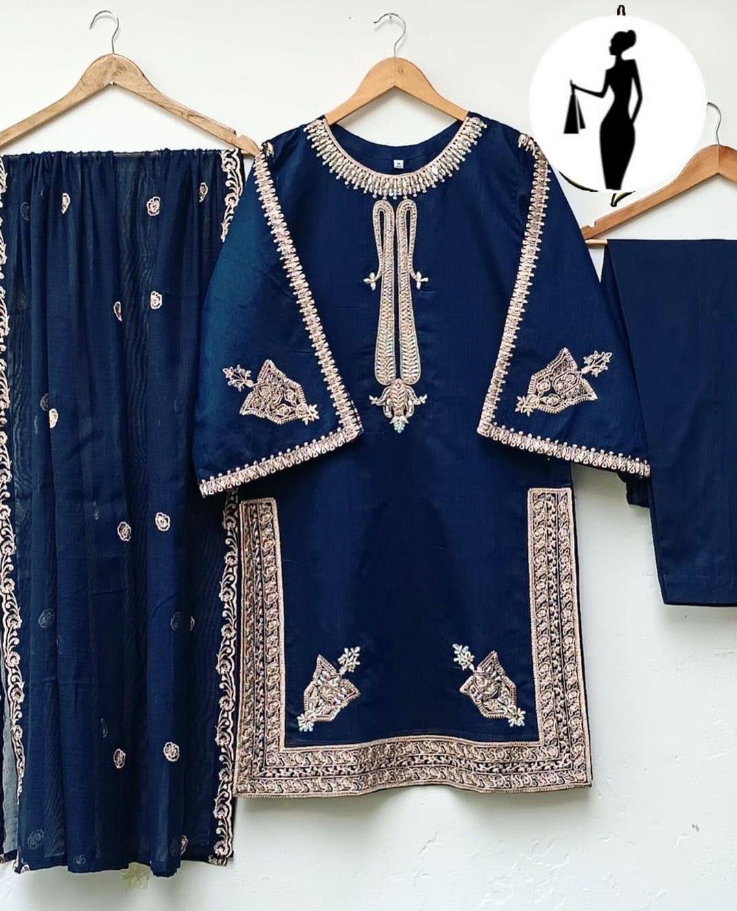 3-Piece Blue Embroidered Shamoz Silk Suit for Women