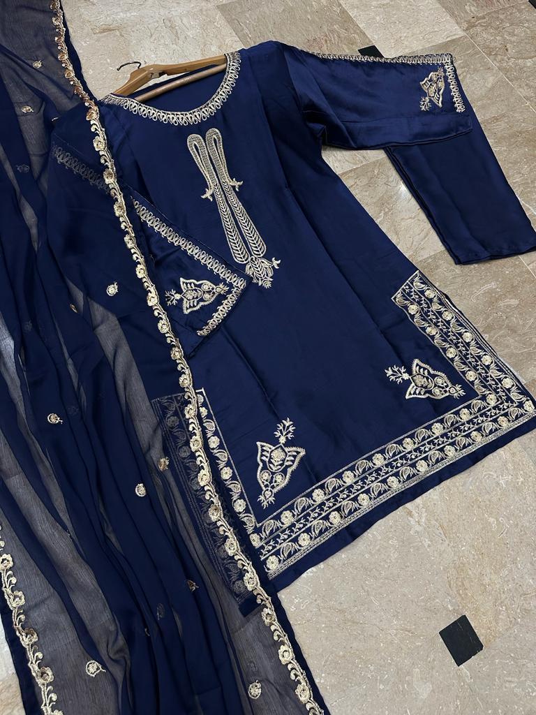 3-Piece Blue Embroidered Shamoz Silk Suit for Women