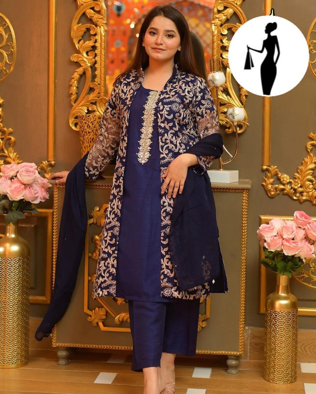 Blue Embroidered Shamoz Silk 4-Piece Gown Suit