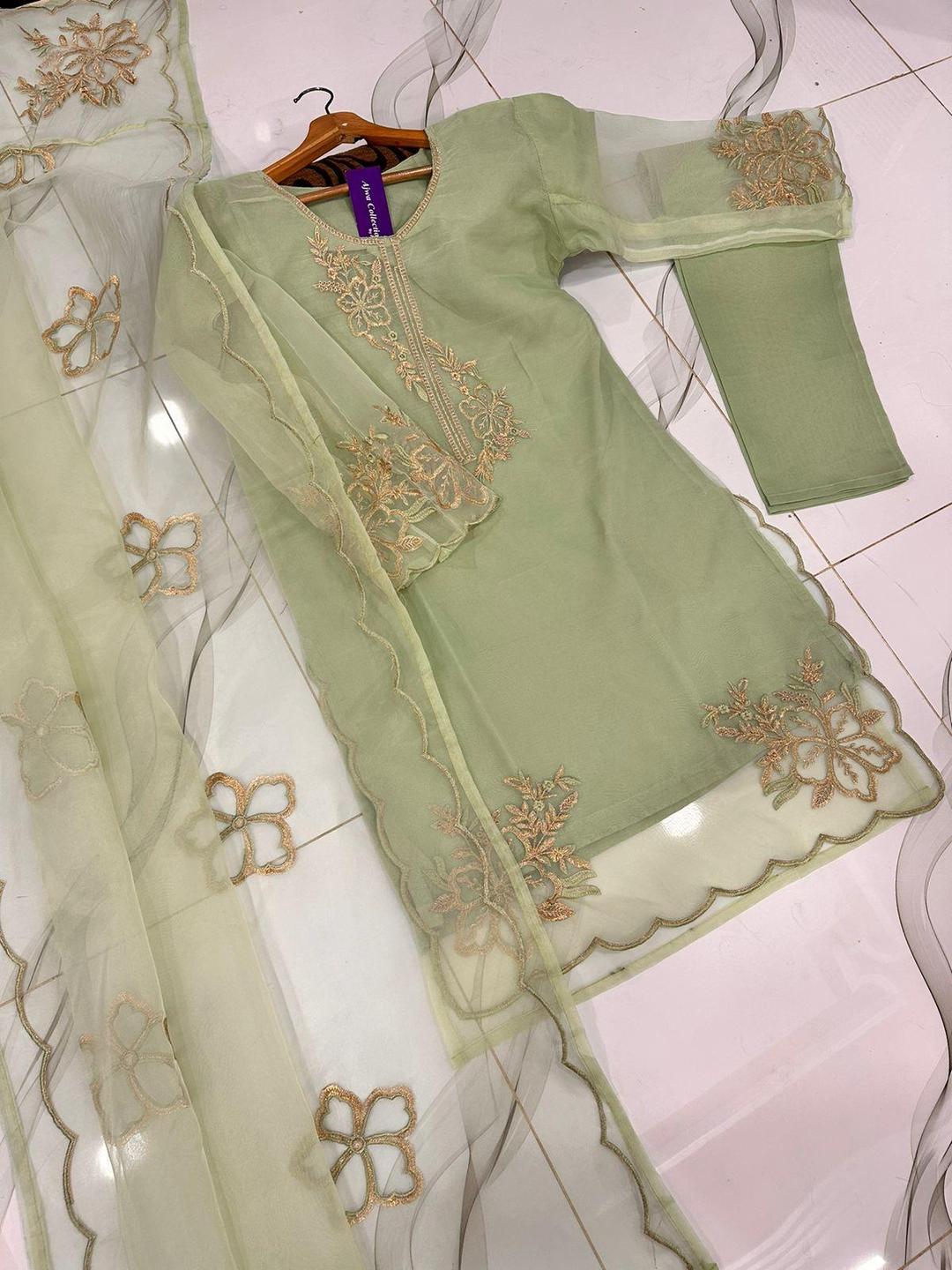 3 Pcs Women's Stitched Embroidered Suit Neck Daman Sleeves Zarri Embroidered Bunches And Border Cuttwork On Shirt With Embroidered Dupatta And Trouser