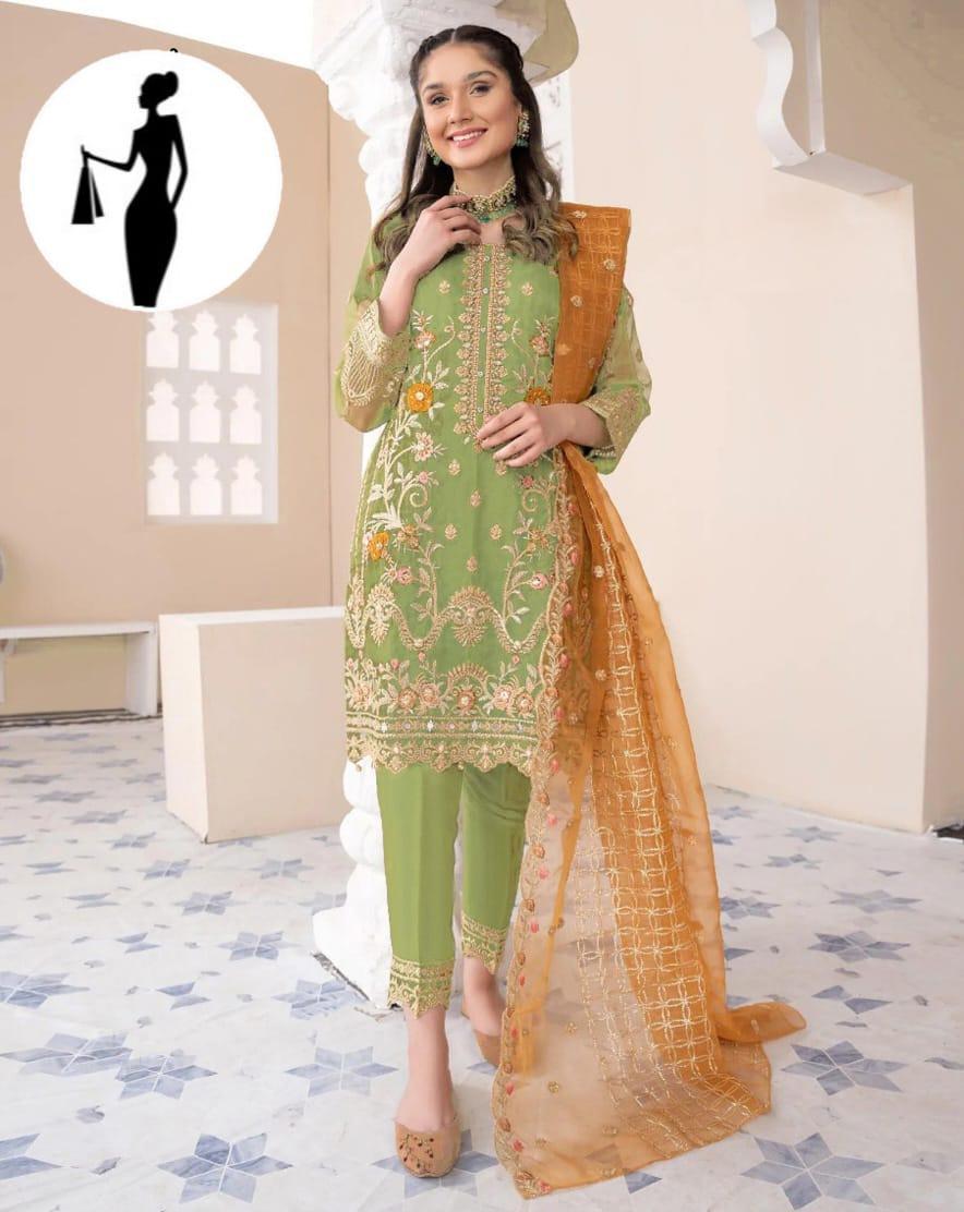 Green Embroidered 3Pcs Women Suit Organza Dupatta