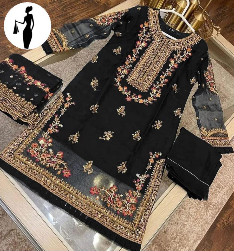 Black Embroidered 3-Piece Suit for Women