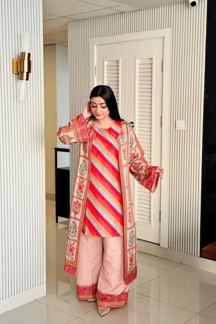 Full Printed 3 Piece Elegant Pink Gown Set