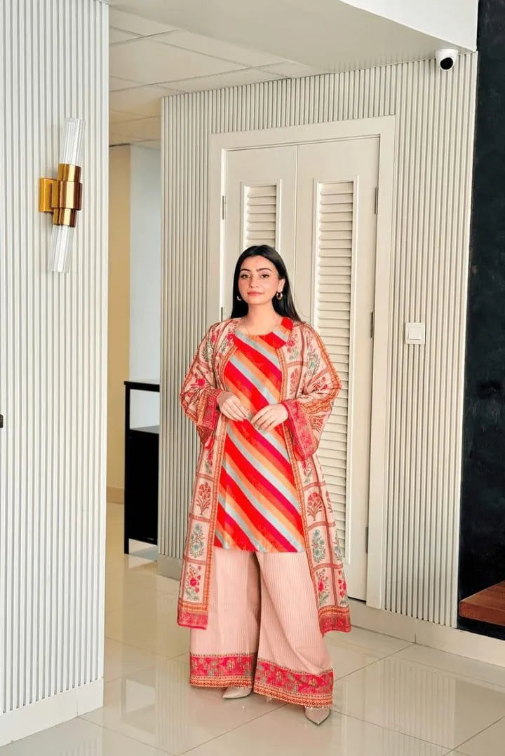 Full Printed 3 Piece Elegant Pink Gown Set