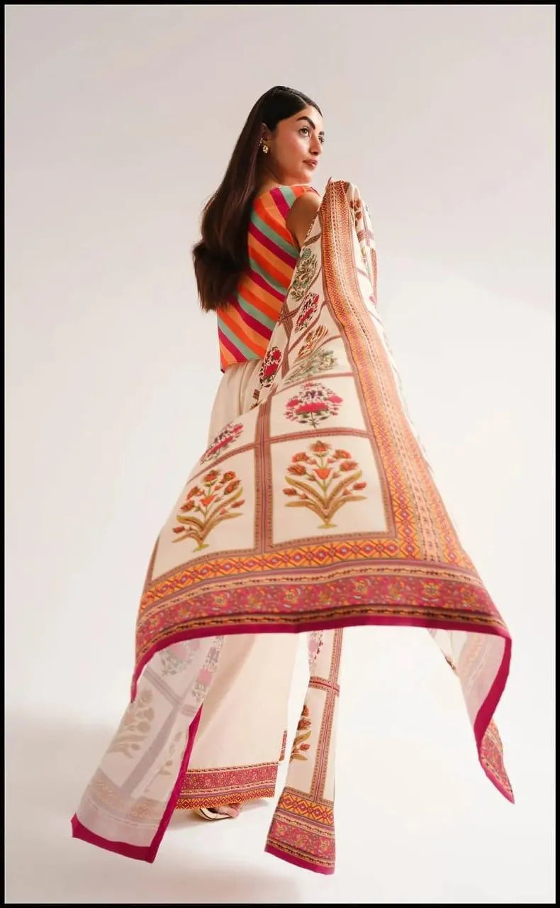 Full Printed 3 Piece Elegant Pink Gown Set