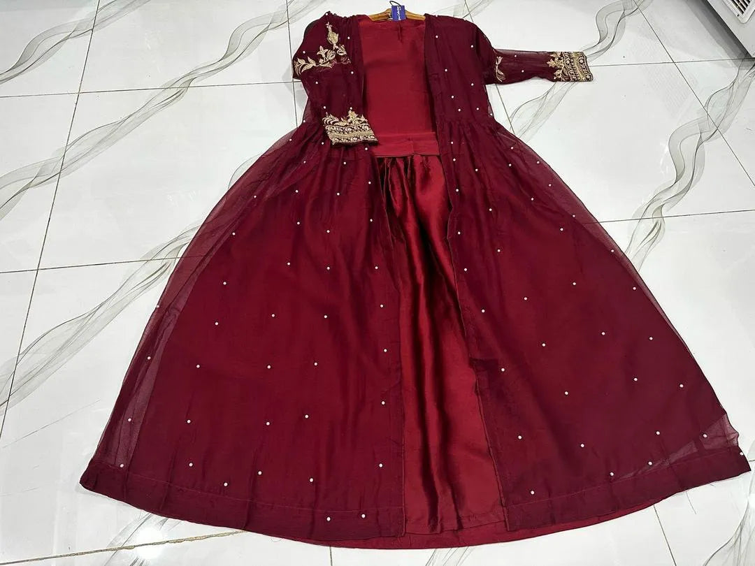 Maroon Shamoz Silk Gown Suit for Weddings Eid Party