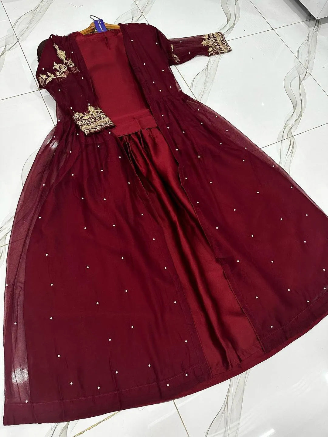 Maroon Shamoz Silk Gown Suit for Weddings Eid Party