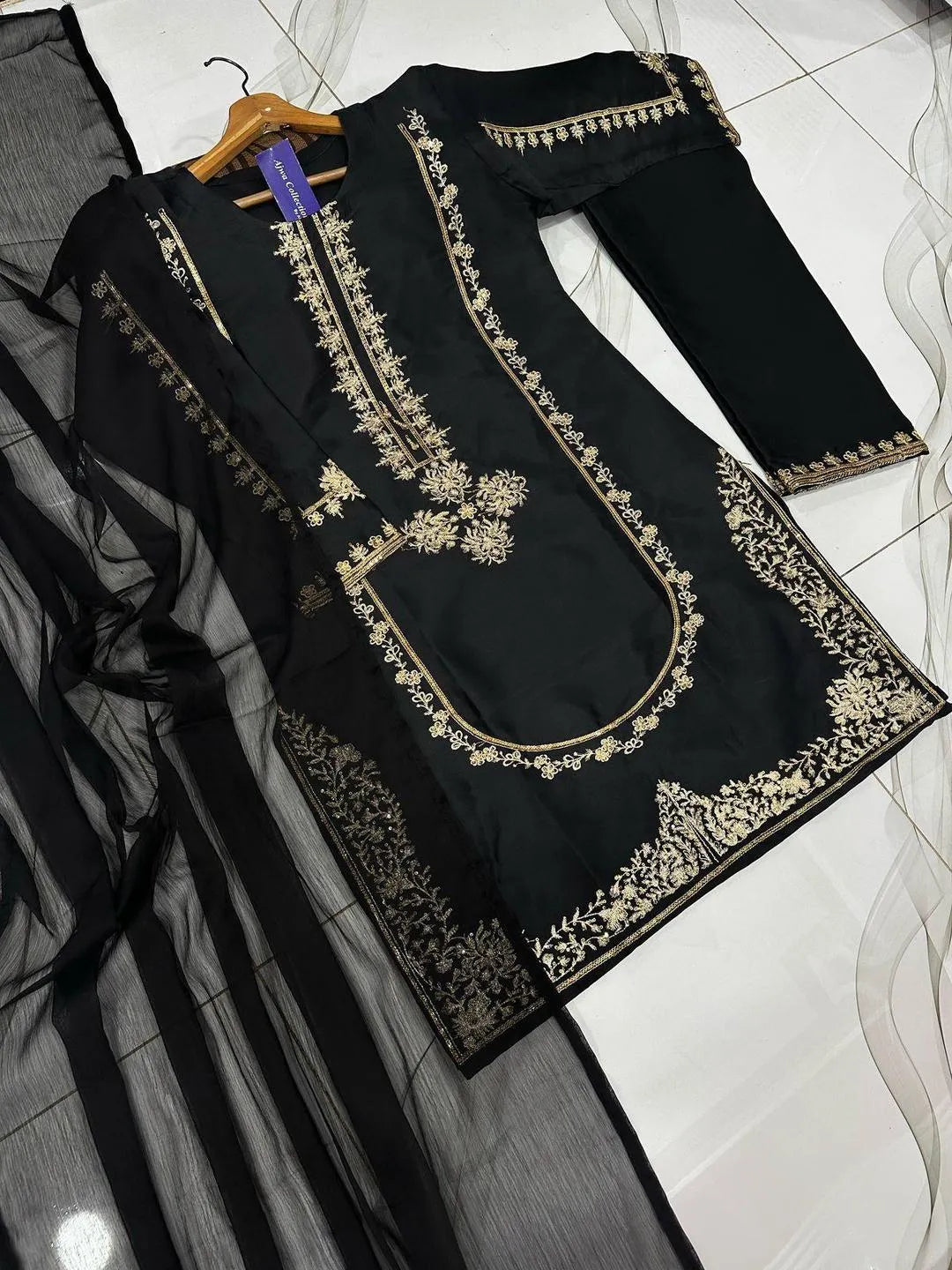 Black Shamoz Silk 3-Piece Suit with Golden Embroidery