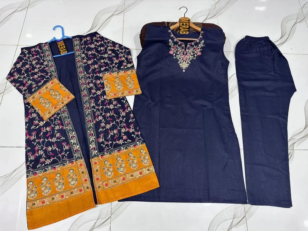 Blue Embroidered 3-Piece Cotton Suit for Eid & Weddings
