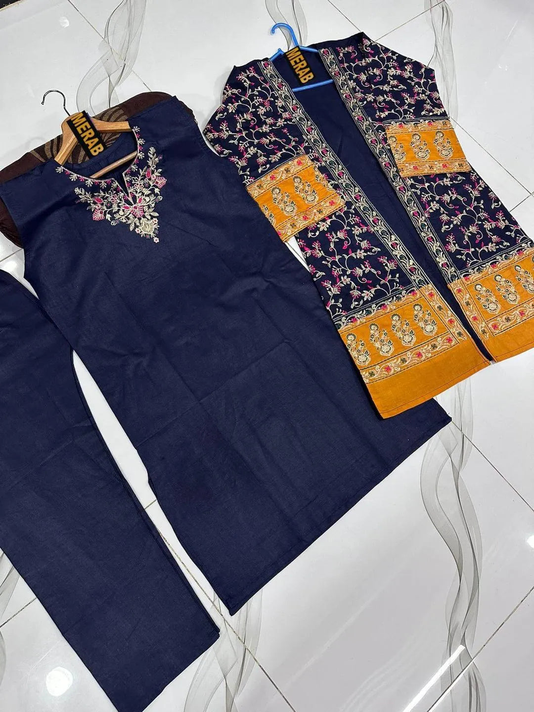Blue Embroidered 3-Piece Cotton Suit for Eid & Weddings