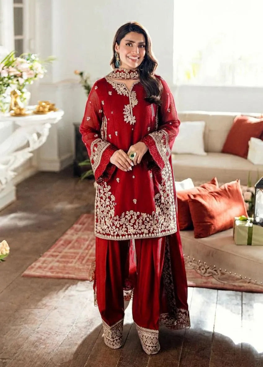 Red Embroidered 3Pcs Kurta Shalwar Dupatta Set