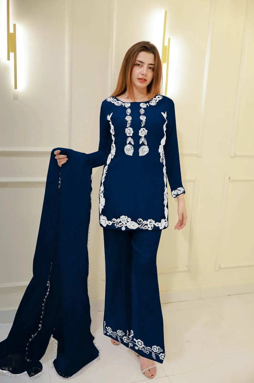 Neck Embroidered Shirt With Lace Dupatta 3Pcs Navy