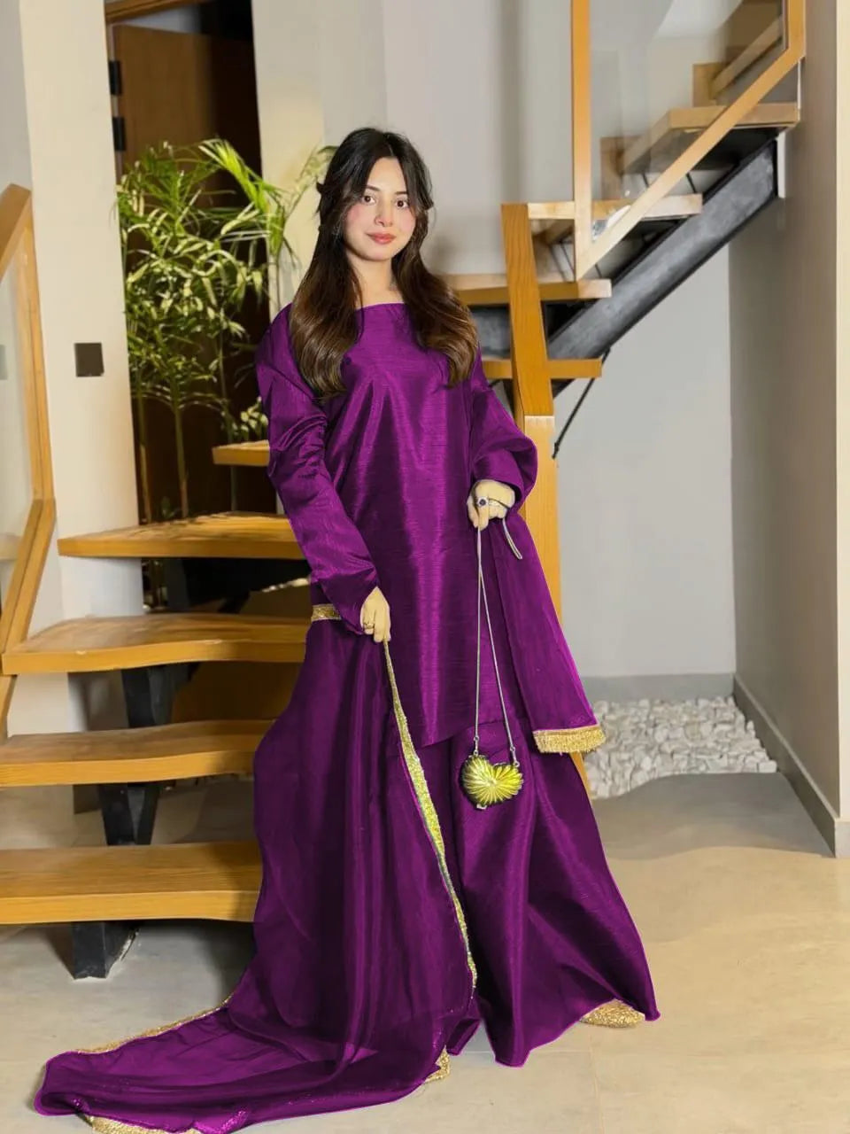 Purple Long Flare Sharara Set 3Pcs with Lace Dupatta