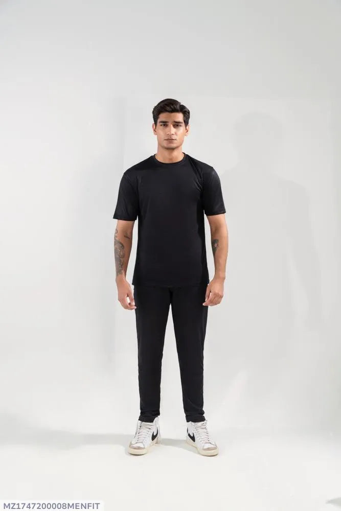 Men Dri Fit Track Suit Black Slim Fit Textured