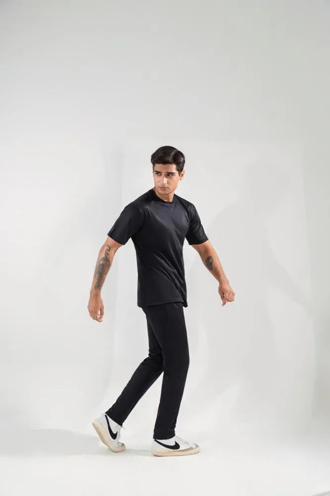 Men Dri Fit Track Suit Black Slim Fit Textured
