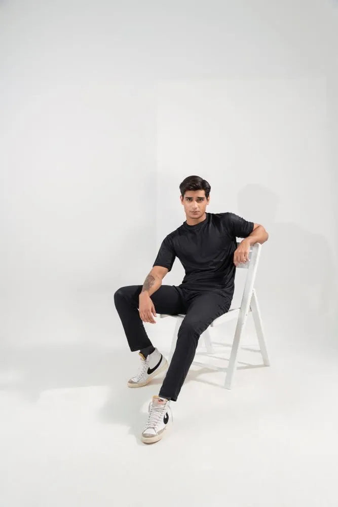 Men Dri Fit Track Suit Black Slim Fit Textured