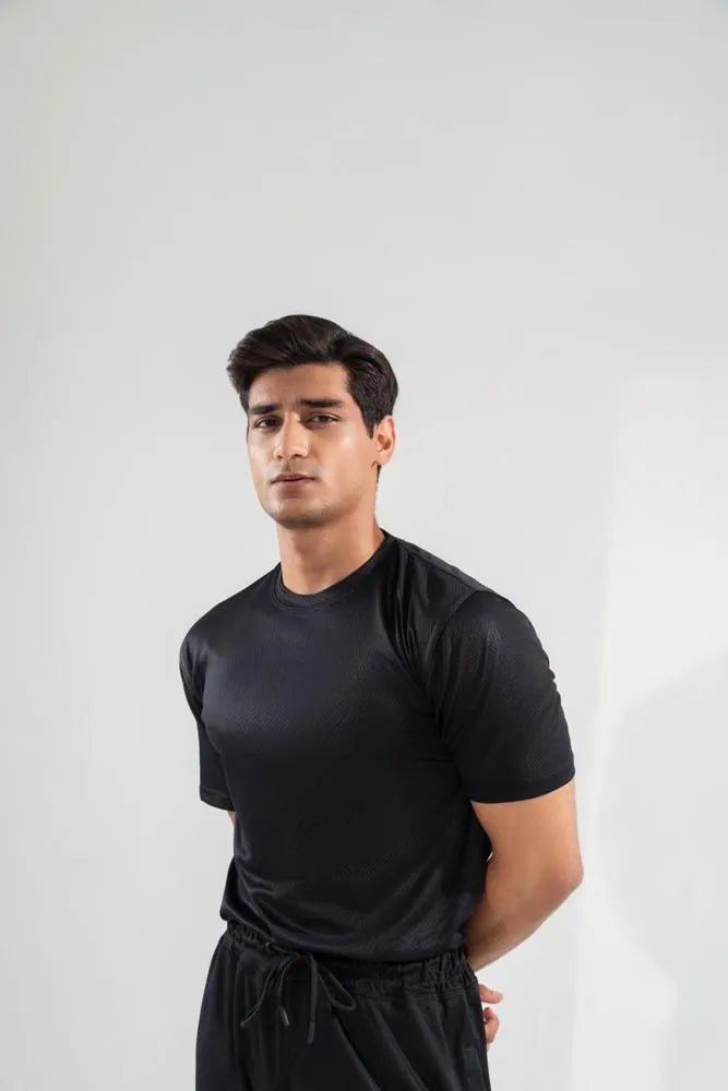 Men Dri Fit Track Suit Black Slim Fit Textured