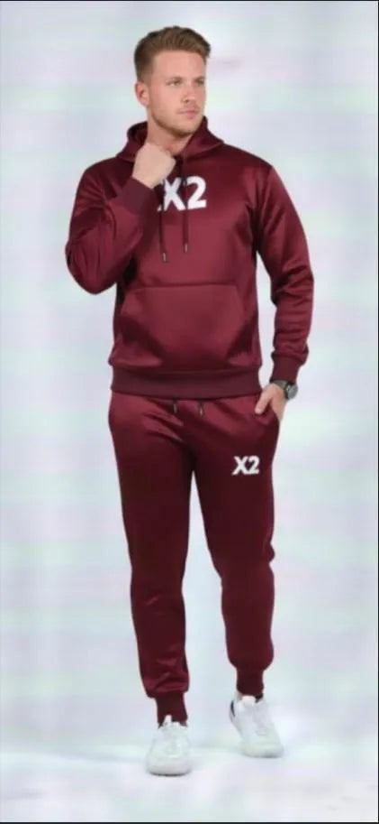 Maroon Men's Polyester Hoodie Track Suit 2Pcs