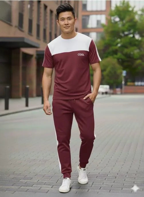 Men Maroon Printed Dri Fit Track Suit Slim Fit