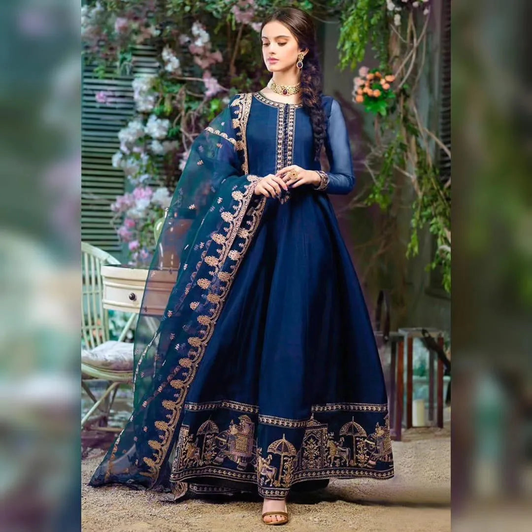 Blue Embroidered Chiffon Maxi Set with Dupatta & Trouser
