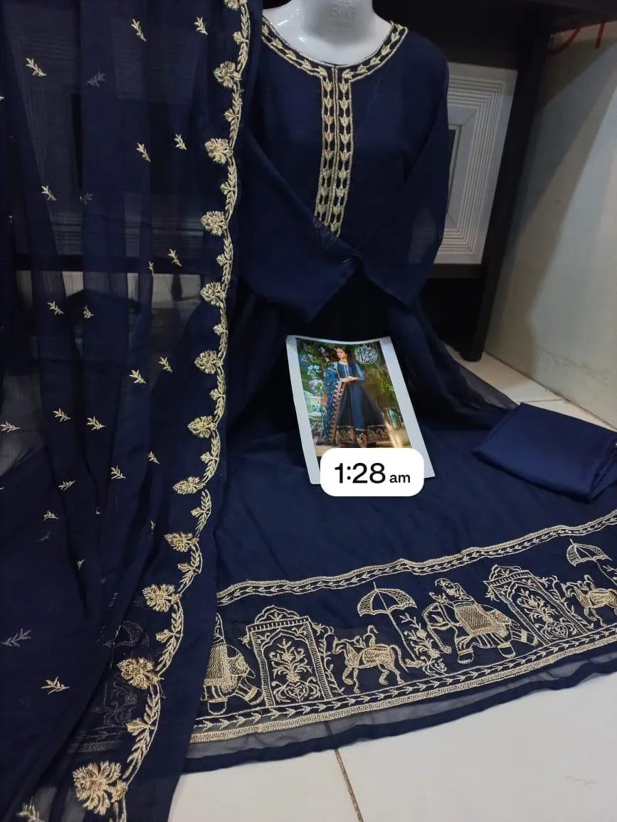 Blue Embroidered Chiffon Maxi Set with Dupatta & Trouser