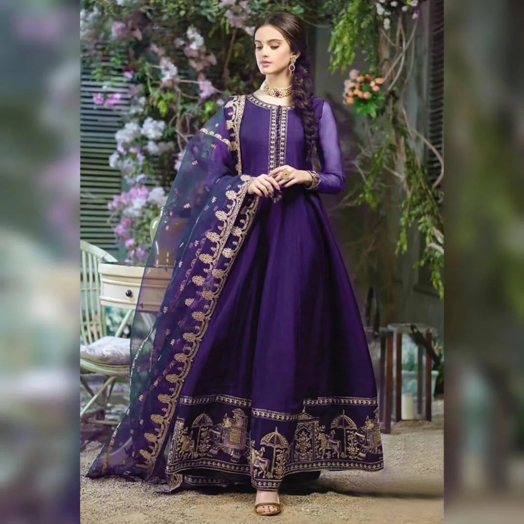 Purple Chiffon 3-Piece Eid Wedding Set with Shahi Embroidery