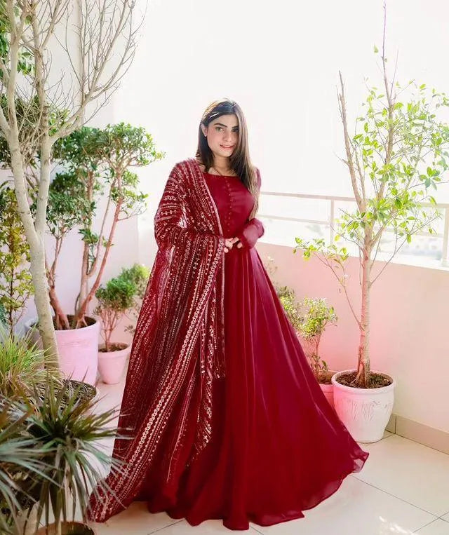 Allover Embroidered Maxi Dress with Chiffon Dupatta & Crepe Trouser