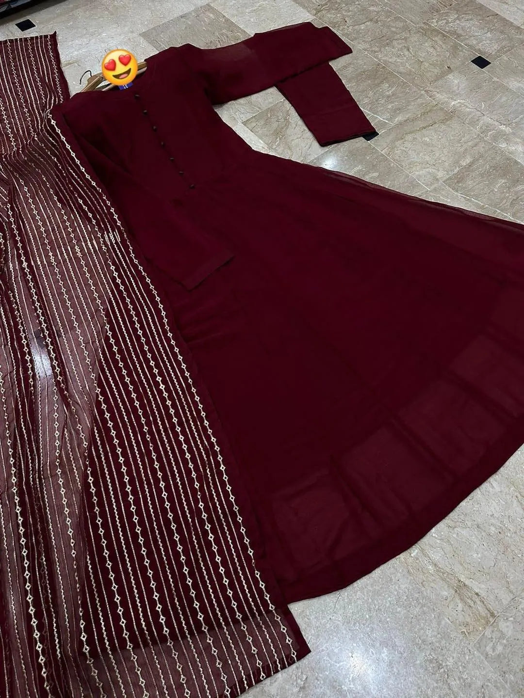 Allover Embroidered Maxi Dress with Chiffon Dupatta & Crepe Trouser