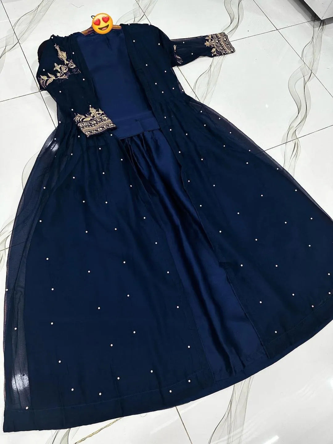 Blue Shamoz Silk 3-Piece Gown Suit for Eid & Weddings