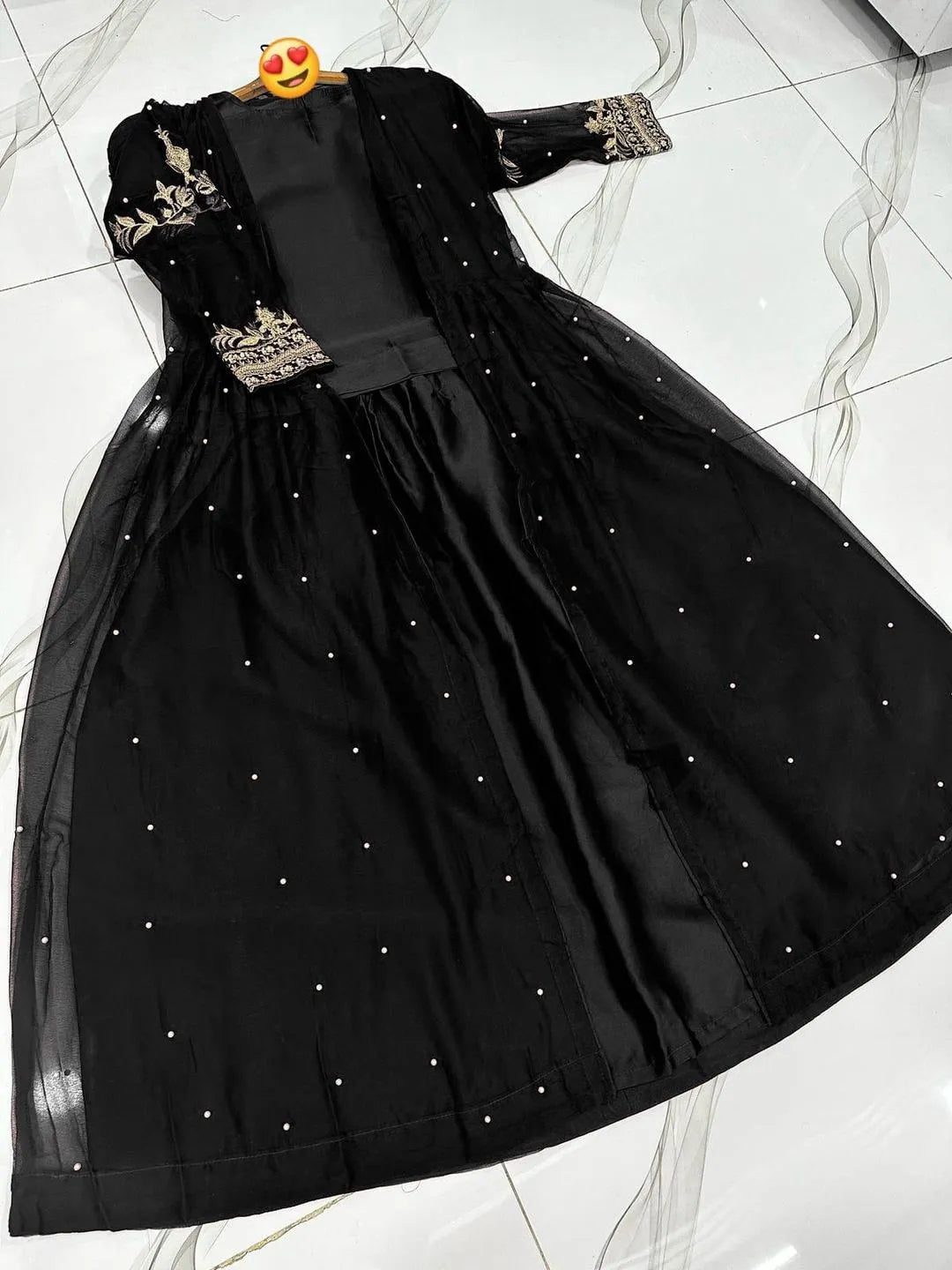 Black Chiffon Embroidered 3-Piece Gown for Women