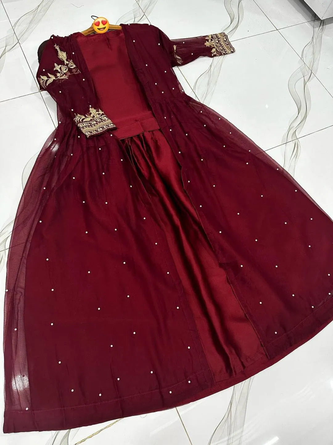 Maroon Shamoz Silk Gown Suit for Eid Party Wear