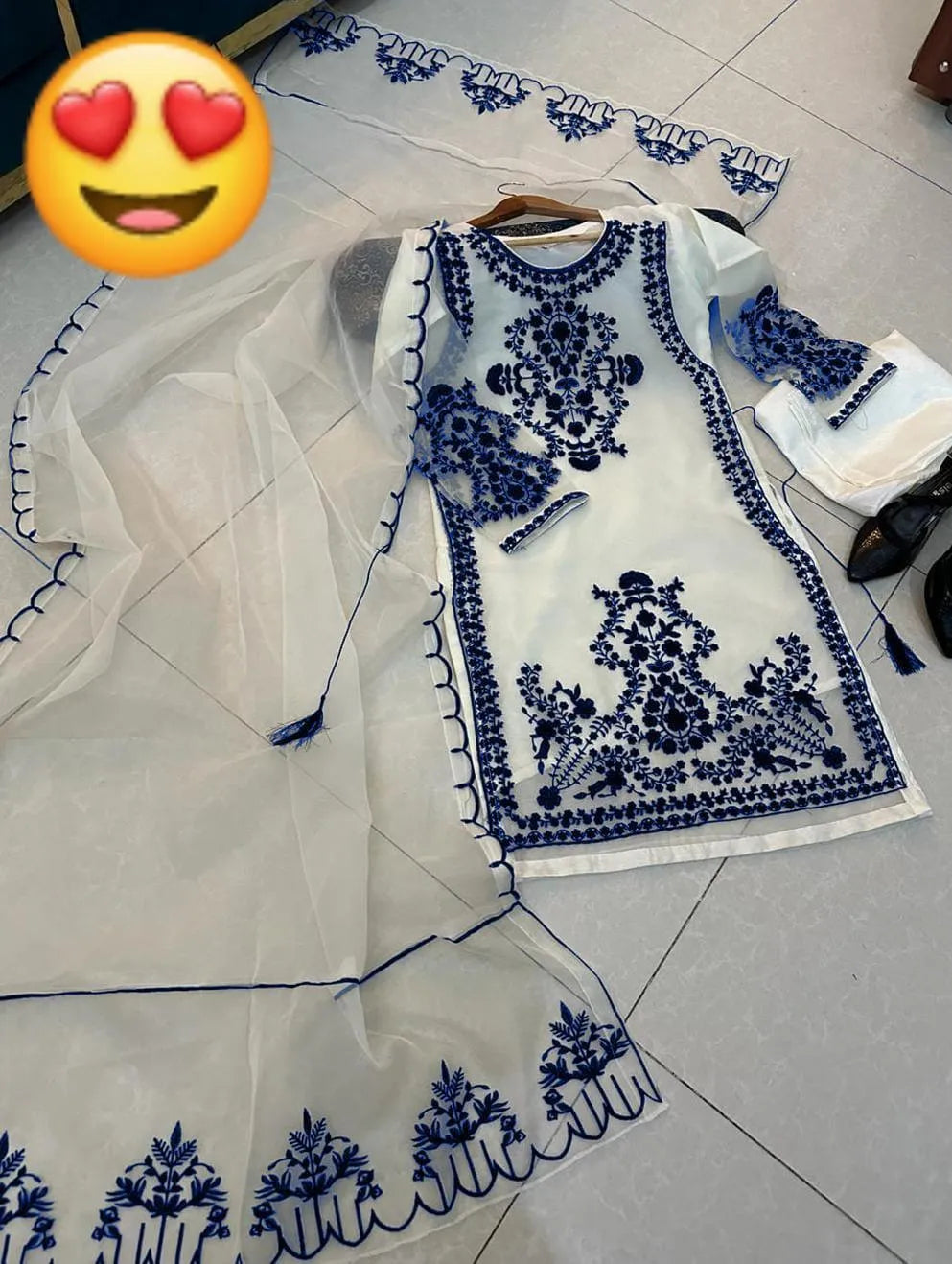 Elegant Blue Embroidered 3-Piece Organza Suit for Women