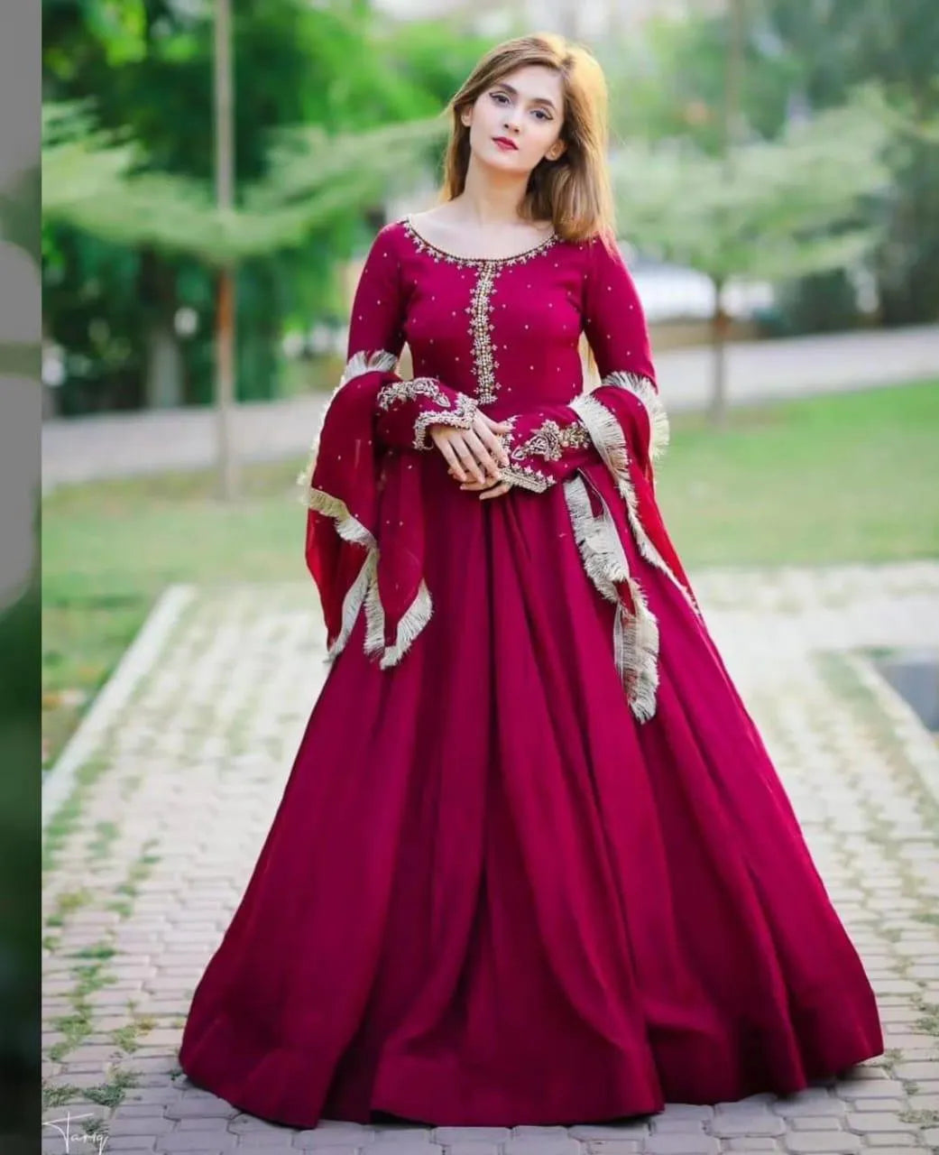 Maroon Embroidered Chiffon Maxi Set for Pakistani Weddings Eid