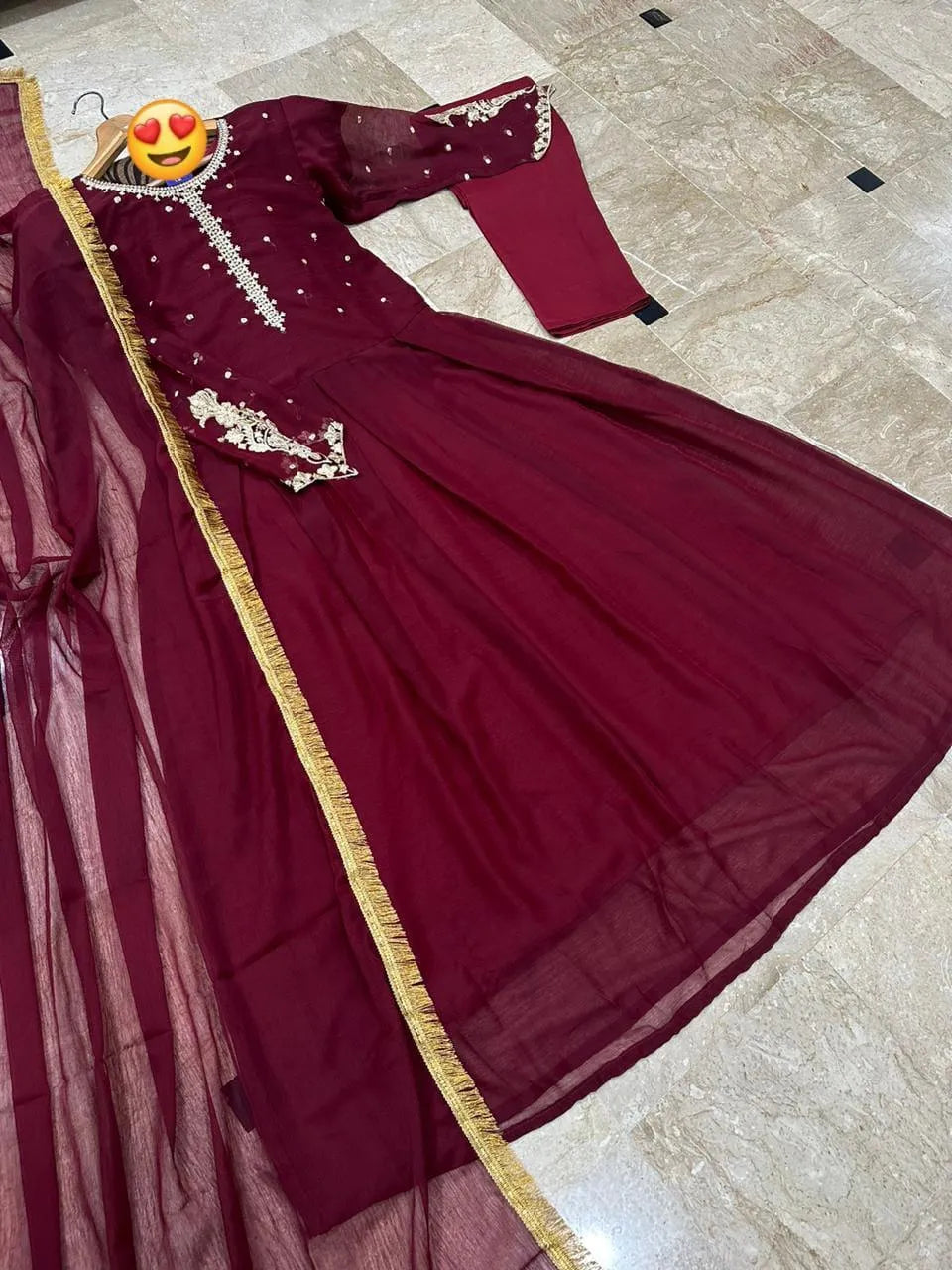 Maroon Embroidered Chiffon Maxi Set for Pakistani Weddings Eid