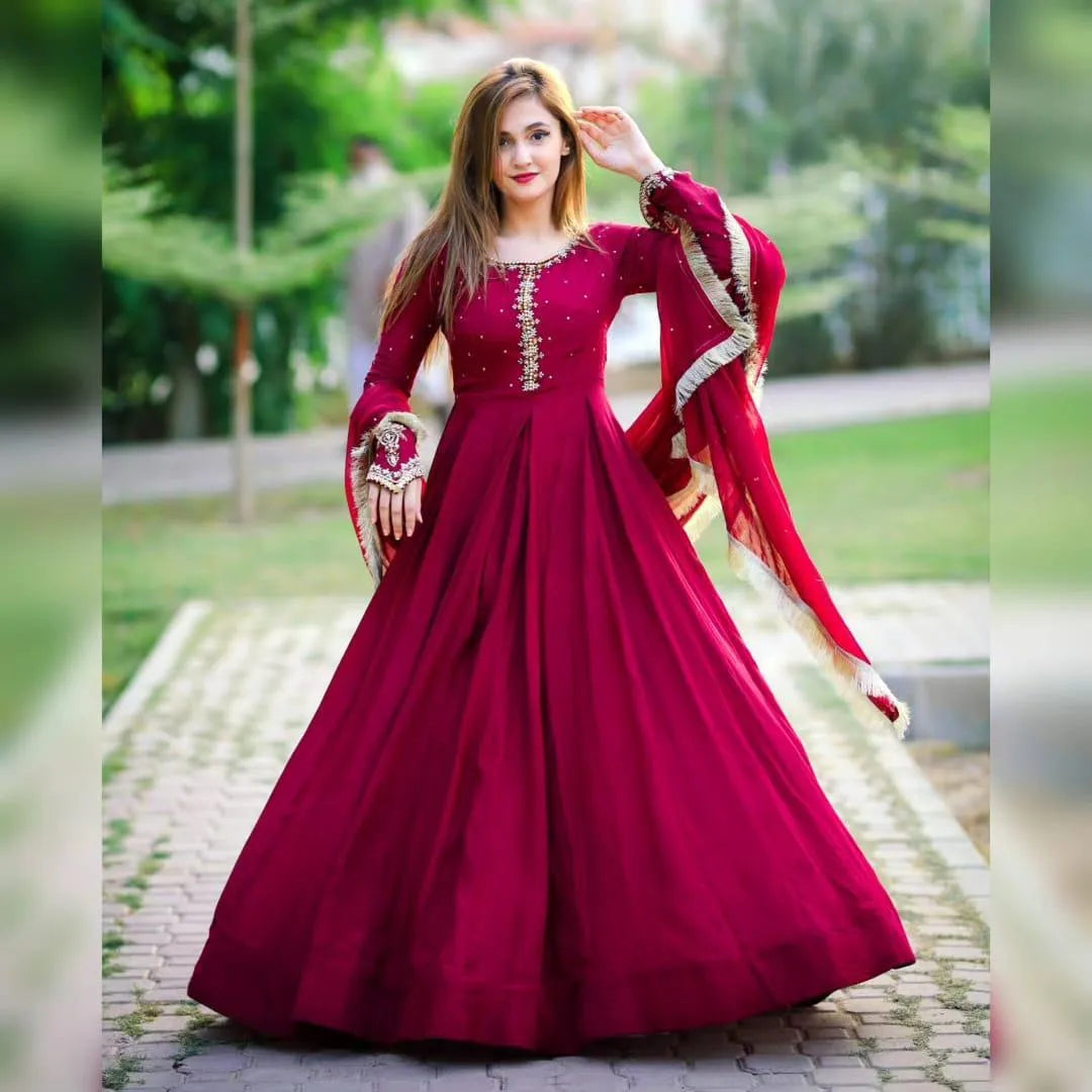 Maroon Embroidered Chiffon Maxi Set for Pakistani Weddings Eid