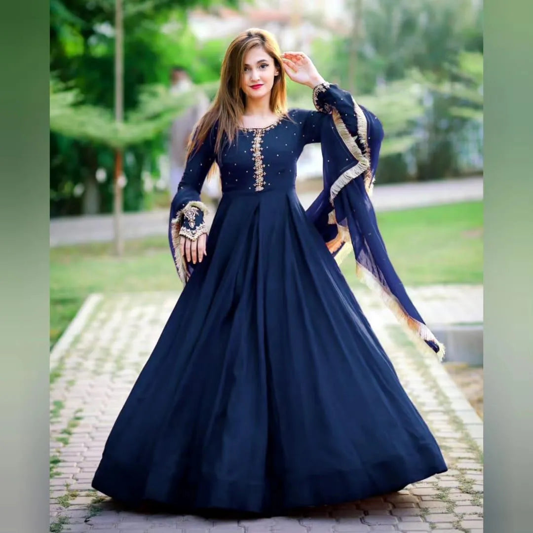 Blue Chiffon Maxi Dress with Kaya Embroidery for Eid Wedding