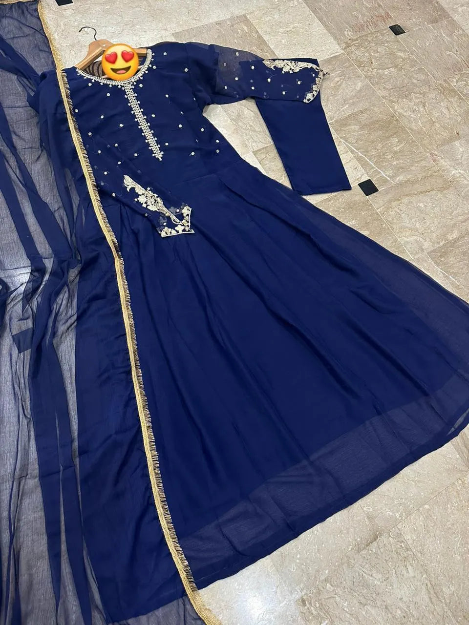 Blue Chiffon Maxi Dress with Kaya Embroidery for Eid Wedding