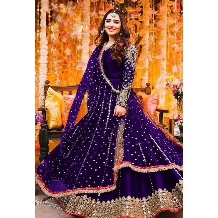 Purple Shamoz Silk 3-Piece Eid Suit with Mirror Work